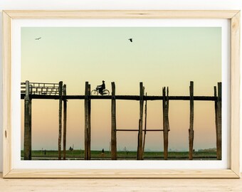 U-Bein Bridge Sunset Photo Print, Myanmar Bicycle Silhouette Art