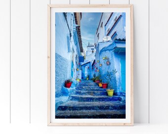 Chefchaouen Print, Blue City Alleyway, Morocco Home Decor