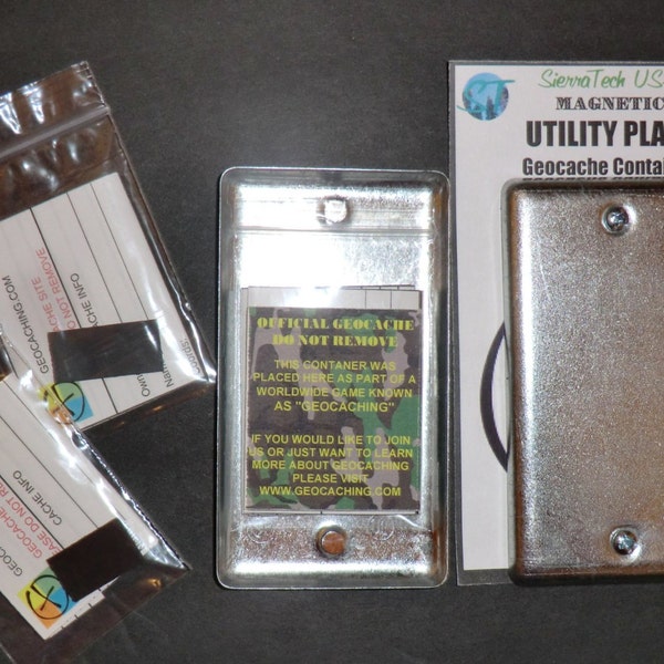 2 Magnetic Utility Electrical Plate Geocache Containers. Great for Urban Cache Hides! Features 2 Strong Neodymium Magnets & RITR Logs.