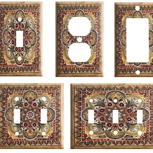 May include: Set of four decorative light switch and outlet covers featuring a brown, gold, and green floral pattern. The covers are designed to fit standard US electrical outlets and switches.