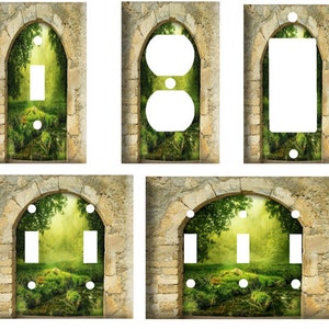 Brick window fantasy, Decorative Light Switch Cover Plate, Single Toggle switch, Outlet, GFCI Rocker, 2 Gang Toggle