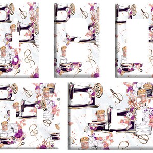 May include: Set of six light switch covers featuring a white background with a repeating pattern of sewing machines, spools of thread, scissors, and floral accents in shades of purple, pink, and gold.