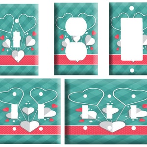 May include: Four turquoise blue light switch covers with a white heart balloon design. The balloons are tied together with a red ribbon. The background is a turquoise blue and white checkered pattern.