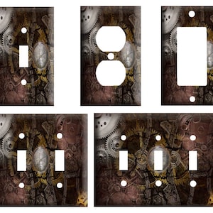 May include: A set of six decorative light switch and outlet covers featuring a steampunk design with gears, cogs, and a distressed metal background.