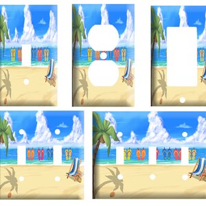 May include: A set of three light switch and outlet covers featuring a beach scene with palm trees, flip flops, and a beach chair. The covers are available in single, double, and triple switch configurations.