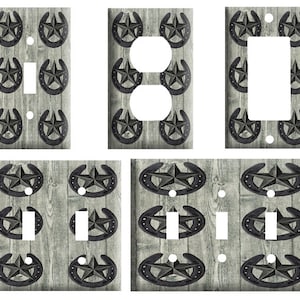 May include: Set of six light switch and outlet covers featuring a rustic woodgrain background with a black horseshoe and star design.