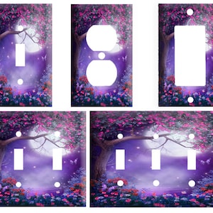 May include: Set of six light switch and outlet covers featuring a whimsical purple and pink forest scene with a full moon and glowing fireflies. The covers are made of durable plastic and are easy to install.
