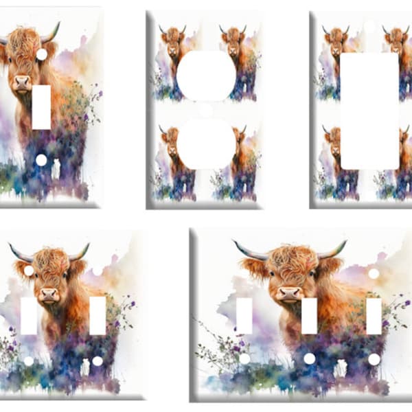 Highland Cow watercolor Light Switch Cover Plate, Single Toggle or Dimmer Switch, Outlet, GFCI Rocker, 2 Gang Toggle