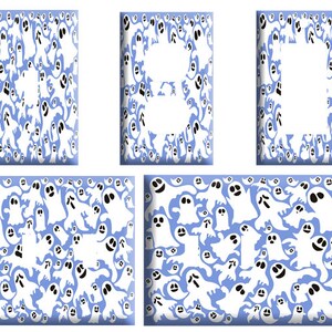 May include: Four light blue wall plates with a white ghost pattern. The plates are designed to cover electrical outlets and light switches.