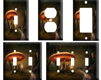 Fantasy fairy mushroom design, Decorative Light Switch Cover Plate, Single Toggle switch, Outlet, GFCI Rocker, 2 Gang Toggle