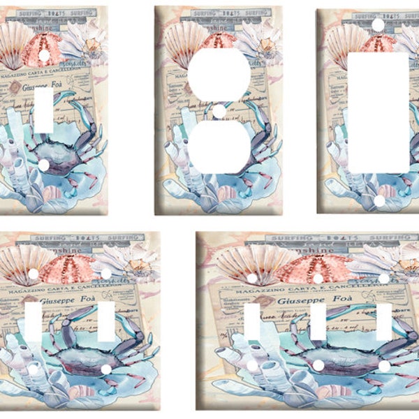 Blue Crab Nautical design 2, Decorative Light Switch Cover Plate, Single Toggle or Dimmer Switch, Outlet, GFCI Rocker, 2 Gang Toggle