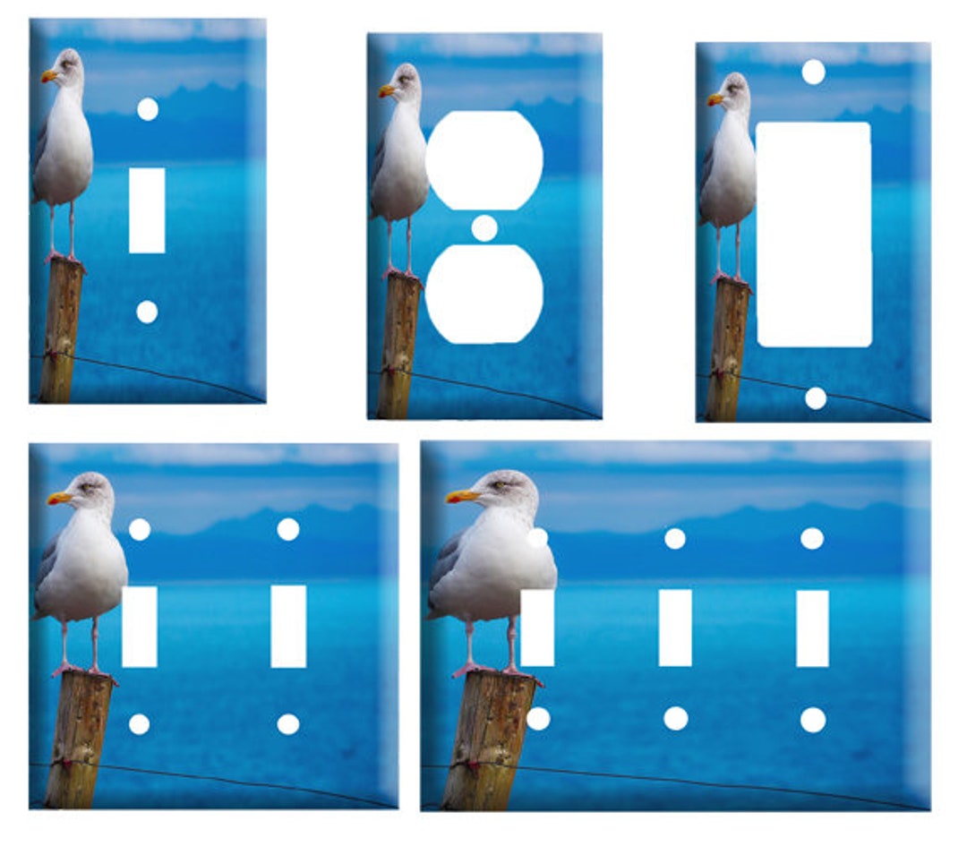 Blue Water Seagull on Post, Light Switch Cover Plate, Single Toggle or