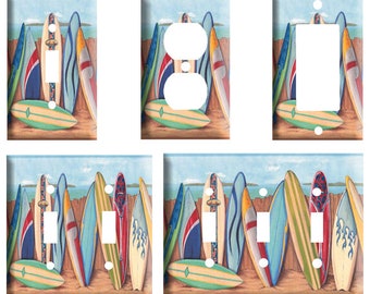 Surfboard on fence 1 design, Decorative Plastic Light Switch Cover Plate, Toggle switch, Outlet, GFCI Rocker, 2 Gang Toggle