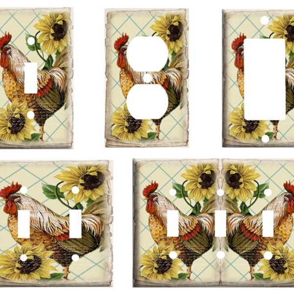 Rooster and Sunflowers design, Light Switch Cover Plate, Single Toggle or Dimmer Switch, Outlet, GFCI Rocker, 2 Gang Toggle