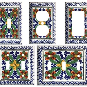 Talavera 3 design(not actual tile), Decorative Plastic Light Switch Cover Plate, Single Toggle, Duplex Outlet, 2 gang, or GFCI Rocker