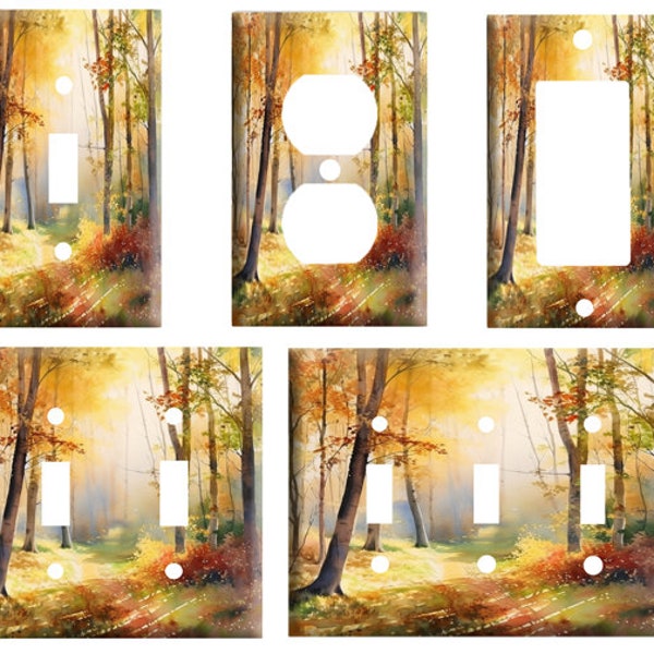 Watercolor Fall forest country path, Decorative Light Switch Cover Plate, Single Toggle or Dimmer Switch, Outlet, GFCI Rocker, 2 Gang Toggle