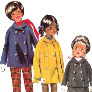 May include: Three children wearing different colored double-breasted coats. The child on the left is wearing a blue coat, red and black plaid pants, and a red scarf. The child in the middle is wearing a yellow coat and a white shirt. The child on the right is wearing a dark gray coat, a white shirt, and a black and white hat.
