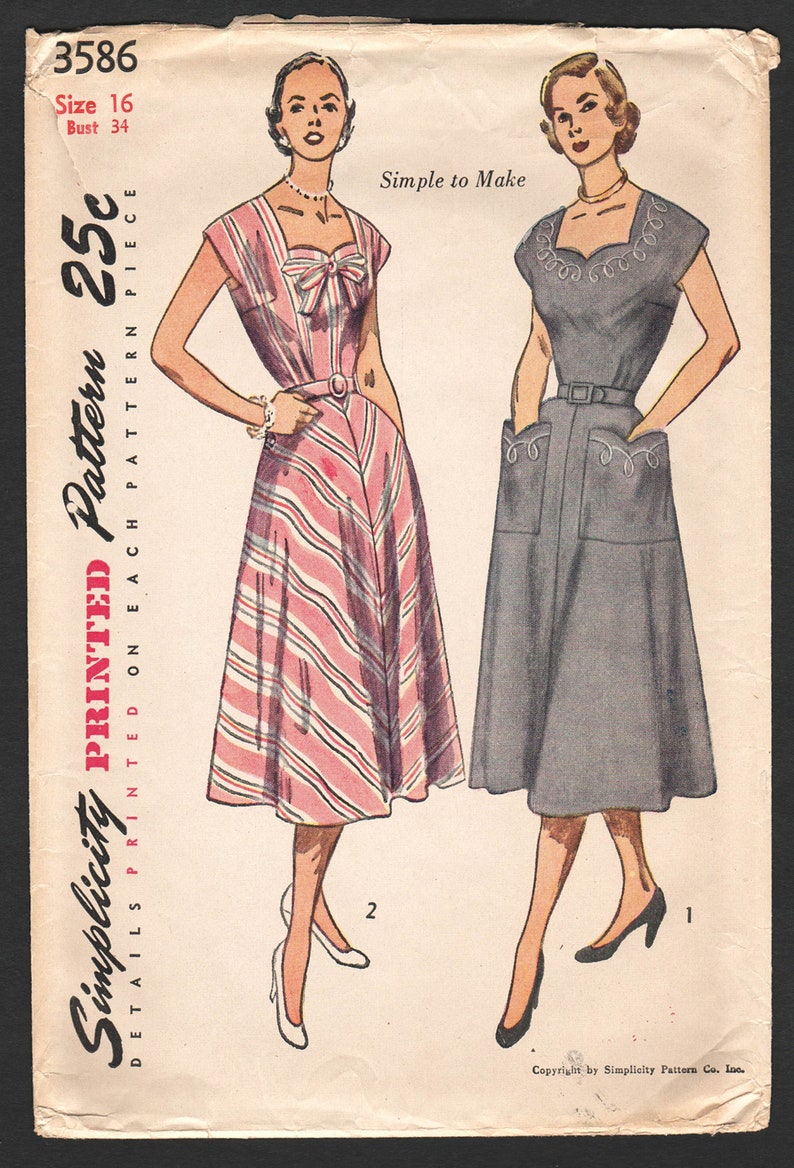 1950s Dress Pattern with Optional Bias Skirt or Soutache Trim, Easy Simplicity 3586, UNCUT image 2