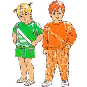 May include: Illustration of two children's outfits. One is green with a white stripe and striped accents, the other is orange with a patterned design. Both outfits include tops and bottoms, with one featuring shorts and the other pants.