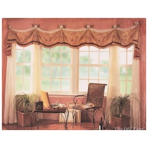 May include: A window treatment featuring a beige and brown patterned valance with scalloped edges and decorative rosettes, layered over sheer white curtains. The valance displays a repeating print and is suspended across a multi-pane window.