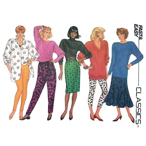 May include: A sewing pattern illustration titled FAST & EASY CLASSICS featuring five outfits: a star-print shirt with yellow pants, a pink long-sleeve top with patterned trousers, a black turtleneck with a green skirt, a red top with spotted leggings, and a blue top with a dark skirt.