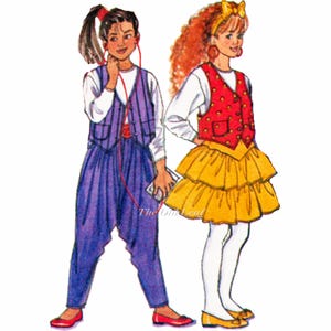 May include: Illustration of two young people in 1980s fashion. One wears a purple vest and pants with red flats, listening to music. The other wears a red dotted vest, yellow tiered skirt, and white tights. Both have accessories.