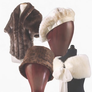 May include: A collection of faux fur accessories including a dark brown stole, a cream beret with a white ribbon band, a brown leopard print bucket hat, and a white faux fur collar featuring a white satin ribbon tie closure at the front.