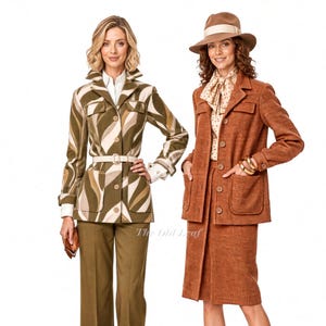 May include: Two outfits: one features an olive green and beige wavy patterned jacket with a white belt and matching trousers. The second outfit includes a textured rust-colored jacket and skirt set, a polka-dot scarf, and a matching wide-brimmed hat.