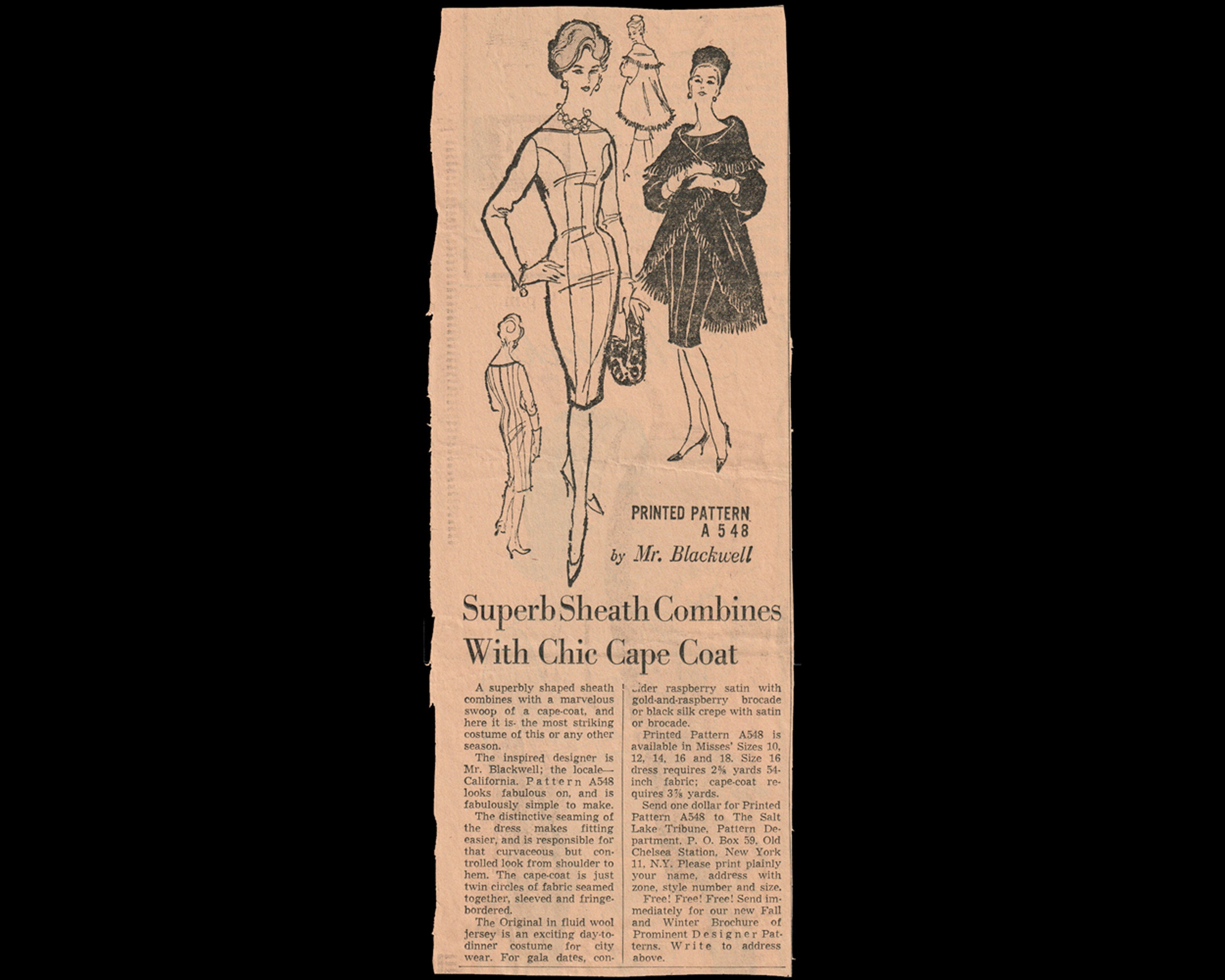 1960s Dress Pattern for Wiggle Sheath Dress & Cape, Mr Blackwell ...