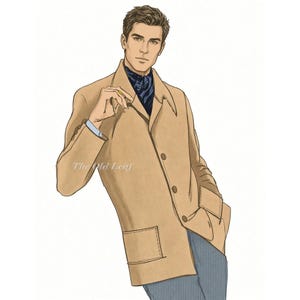 May include: A digital illustration of a person wearing a tan jacket with a collar, three buttons, and two large patch pockets. The person wears a dark blue patterned neck scarf and blue trousers. The text The Old Leaf is visible on the jacket.