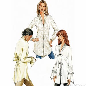 May include: Illustration of three long-sleeve blouses. One is white with a floral pattern and button closure. Another is a solid cream color with a tie back. The third is white with ruffled sleeves and a bow.