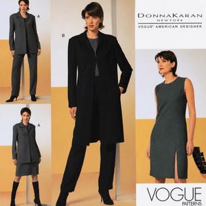 May include: A Donna Karan New York Vogue American Designer sewing pattern envelope featuring illustrations of a long coat, trousers, a jacket, a skirt, and a sleeveless dress with a side slit. The text reads Donna Karan New York Vogue American Designer.