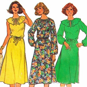 No Waist Pullover Dress Pattern with Tie Belt, Optional Neck Ruffle, Plus Size 40 42 44 46, Vintage 70s Simplicity 8605 - UNCUT