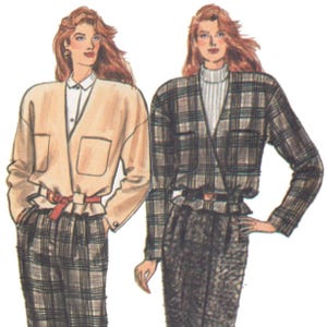 May include: Illustration of two outfits. One is a tan jacket with a white shirt and plaid pants, cinched with a red belt. The other is a plaid jacket and skirt, with a white turtleneck, and a belt.