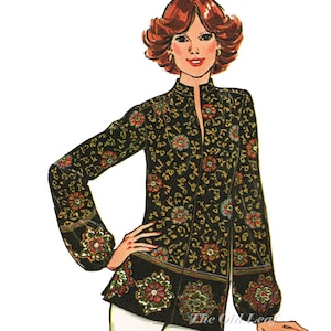 70s Tunic Pattern - Long Sleeve Blouse with Slit Neckline & Sides, Suitable for Border Prints, Size 14 Bust 36, Simplicity 7892 - UNCUT