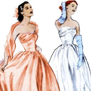May include: Illustration of two vintage evening gowns. One is a peach-colored gown with a draped bodice and flowing skirt. The other is a white strapless gown with a full skirt, paired with long blue gloves. Both figures are looking upwards.