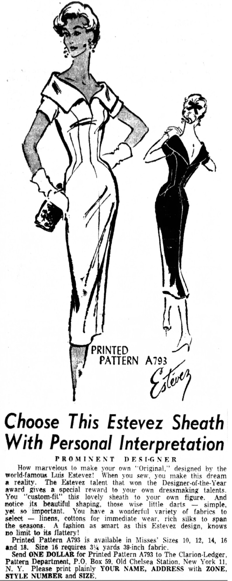 Estevez Sewing Pattern 1950s Wiggle Dress Sheath Dress Mail Etsy