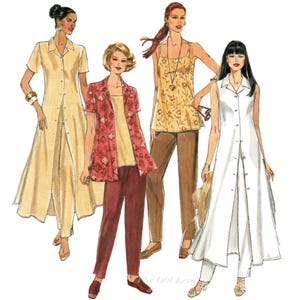 May include: Four women's outfits are displayed. The outfits include a long yellow button-down dress with matching pants, a red patterned jacket over a yellow top and burgundy pants, a floral print top with brown pants, and a white button-down dress with white pants.