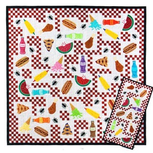 May include: A white quilt with a red and black checkered border and a repeating pattern of food items like hot dogs, watermelon slices, ice cream cones, and soda bottles. The quilt also features small black insect illustrations.