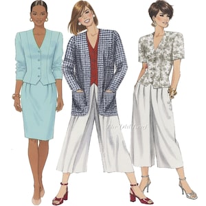 May include: A fashion illustration featuring three outfits: a light blue skirt suit with a V-neck jacket, a navy and white houndstooth jacket over a red top and white culottes, and a short-sleeved floral print top paired with white culottes.