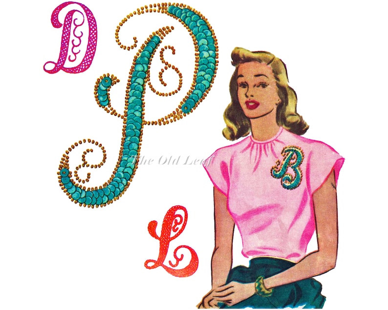 May include: Illustration of a woman in a pink top and green skirt, with the letter "B" on her shirt. The image also features the letters "D", "P", and "L" in a decorative style, with teal and gold accents. The Old Leaf is written on the image.
