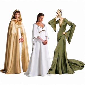 May include: A gold hooded cloak, a white floor-length dress with gold trim, and an illustration of a long-sleeved olive green gown with gold accents. The garments feature flowing silhouettes, wide sleeves, and metallic detailing on the necklines.