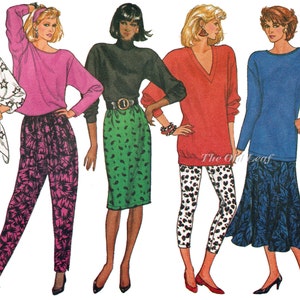 May include: Five women's fashion illustrations showing different outfit combinations. The first woman wears a white and black patterned shirt, orange pants, and a white scarf. The second woman wears a pink sweater, black and pink patterned pants, and a headband. The third woman wears a black turtleneck sweater, a green paisley skirt, and a belt. The fourth woman wears a red sweater, black and white patterned leggings, and a bracelet. The fifth woman wears a blue sweater, a blue and black patterned skirt, and a headband.