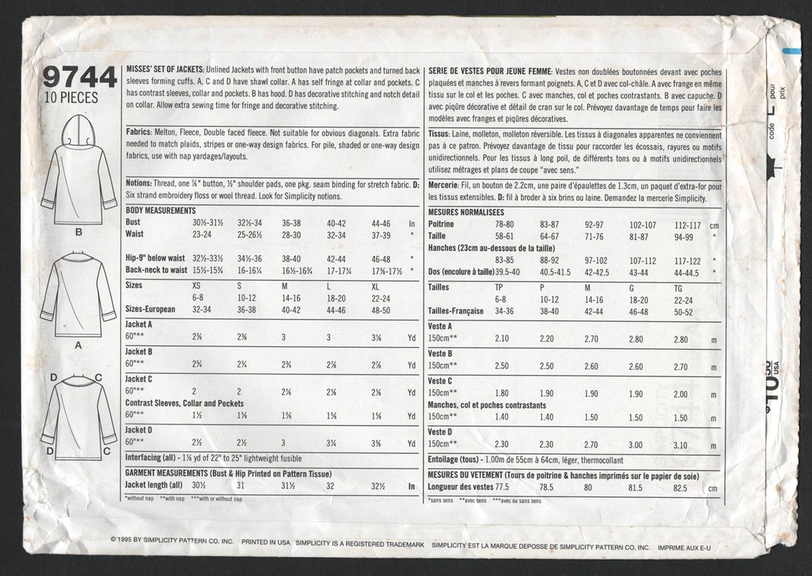 Fleece Jacket Pattern With Optional Hood Simplicity 9744 Etsy