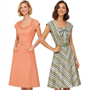 May include: A solid peach-colored dress with cap sleeves, a square neckline featuring swirl embroidery, a matching belt, and two pockets with swirl detailing. Beside it, a green dress with a chevron stripe pattern, a bow at the neckline, and a belt.