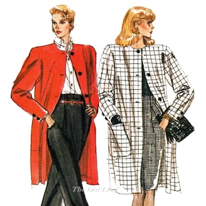 May include: Illustration of two women wearing coats. One woman is wearing a bright red coat over a white shirt and black pants. The other woman is wearing a black and white checkered coat over a black top and skirt. The coats are long and have a classic design.