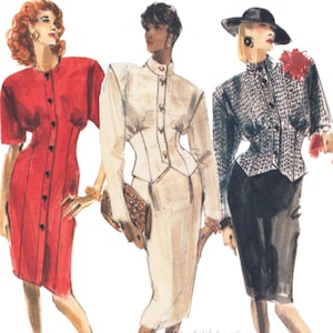 May include: Illustration of three vintage fashion designs. A red dress with short sleeves and black buttons, a cream-colored suit with a fitted waist, and a black and white patterned jacket with a black skirt.