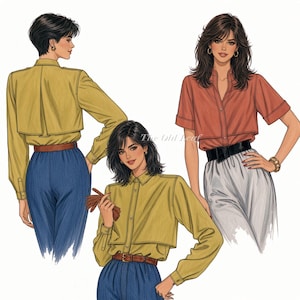 May include: A fashion illustration featuring three outfits. Two outfits include a long-sleeved mustard yellow button-down shirt with a brown belt and blue trousers. One outfit features a short-sleeved terracotta button-down shirt with a black belt and white trousers. The text The Old Leaf is visible.