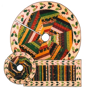 May include: A set of three Christmas tree skirts with a patchwork design. The skirts feature a variety of fabrics in green, red, gold, and brown. The edges are trimmed with holly and berry patterns. The largest skirt has a split for easy placement around a tree trunk.