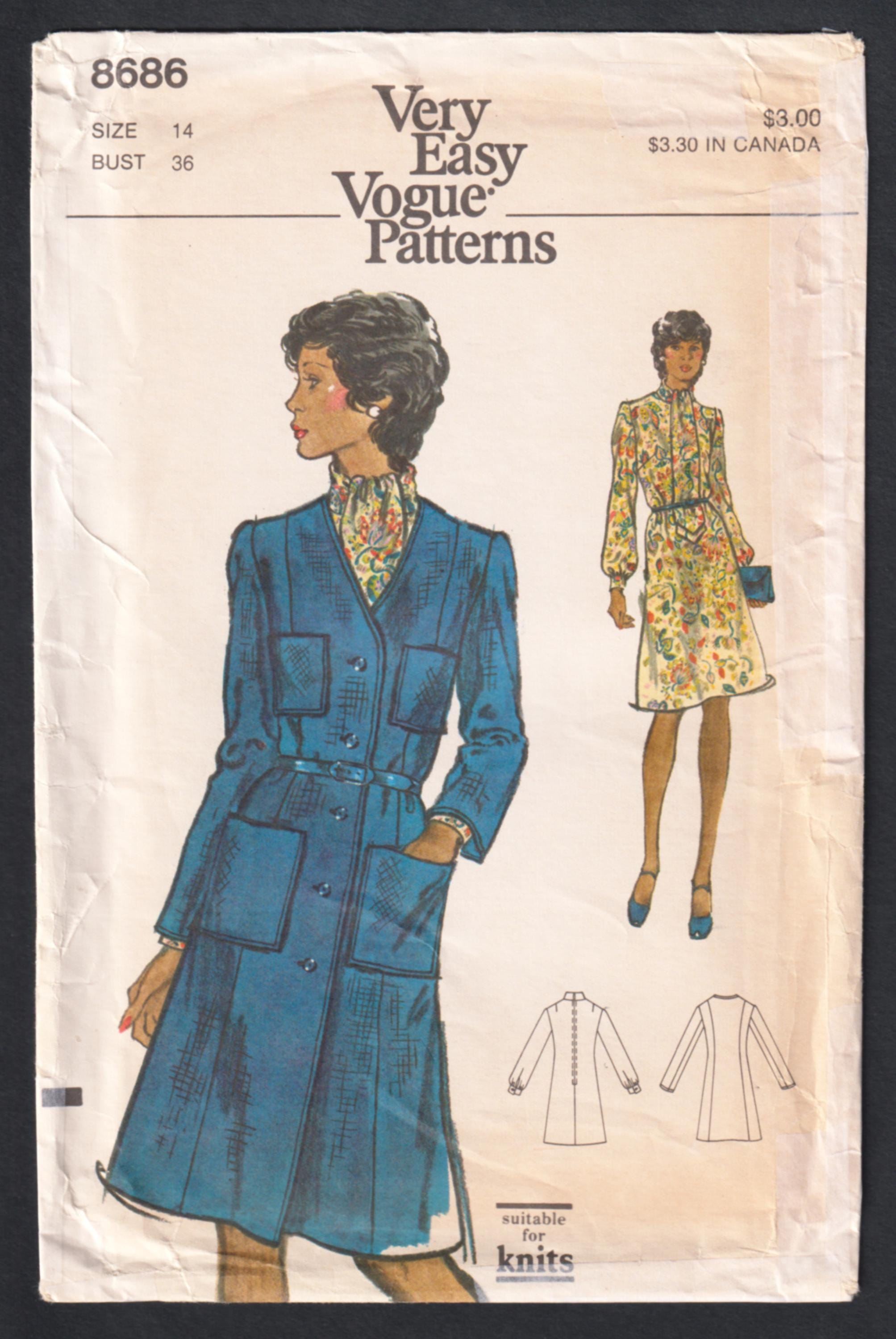 8686 Vogue 8686: Very Easy 1970s Tie Neck Dress, Collarless Coat Pattern ...